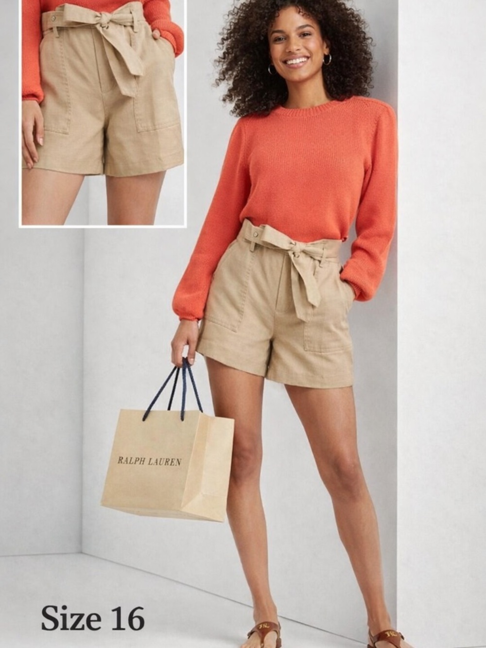 Ralph Lauren Beige High-Waist Paperbag linen Shorts with Tie Belt